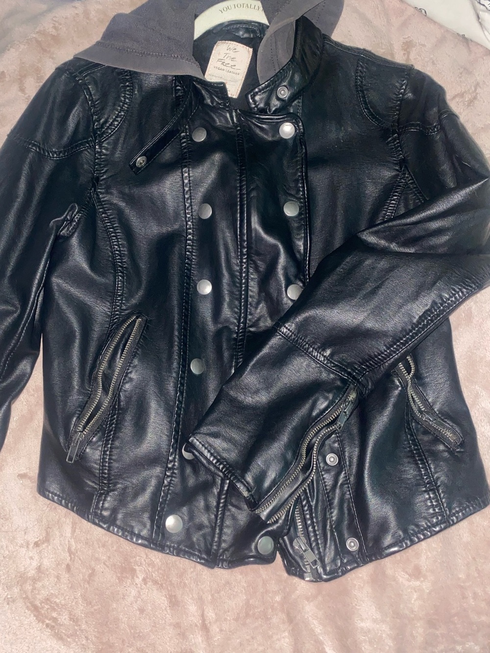 We The Free Black Faux Leather Jacket with Gray Hood